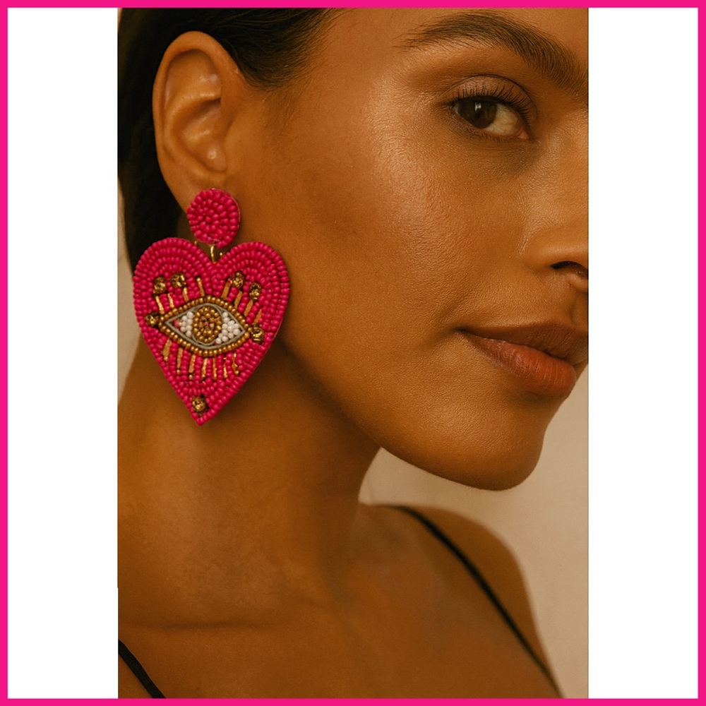 Noir Pink Beaded Evil Eye Heart Earrings
